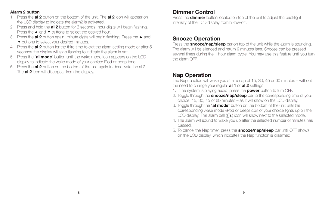 Sharper Image EC-P115 instruction manual Dimmer Control, Snooze Operation, Nap Operation, Alarm 2 button 