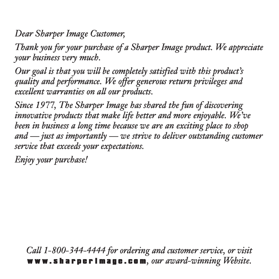 Sharper Image EL001 manual Dear Sharper Image Customer 