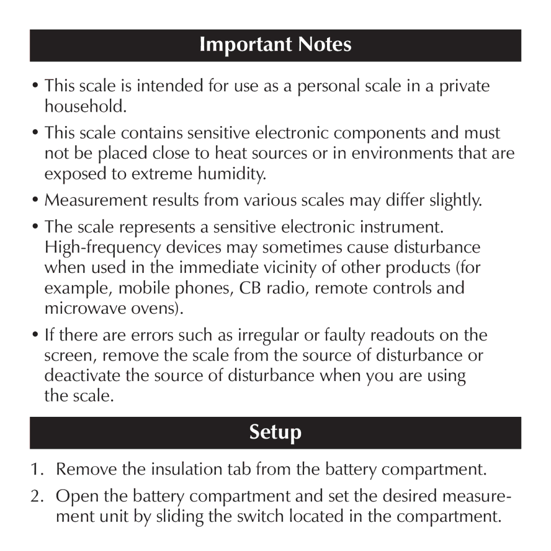 Sharper Image EM150 manual Important Notes, Setup, Remove the insulation tab from the battery compartment 