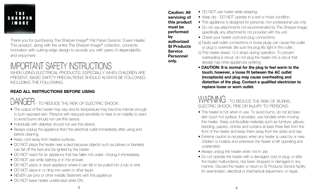 Sharper Image EVSI-HTR70 instruction manual Important Safety Instructions, Read ALL Instructions Before Using 