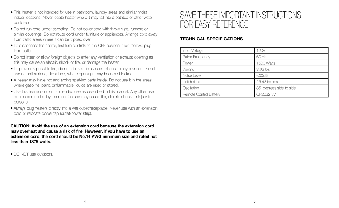 Sharper Image EVSI-HTR70 instruction manual Save These Important Instructions for Easy Reference, Technical Specifications 