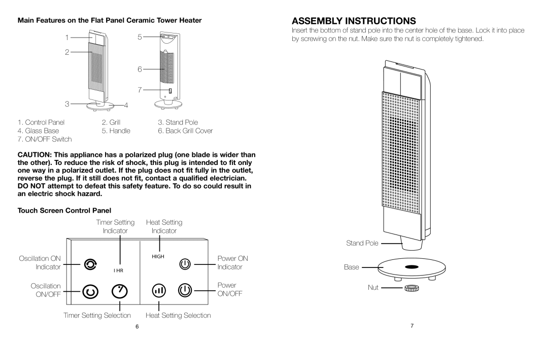 Sharper Image EVSI-HTR70 instruction manual Assembly Instructions, Main Features on the Flat Panel Ceramic Tower Heater 