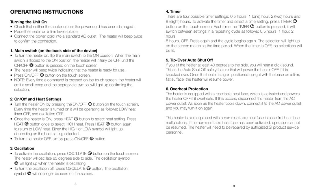 Sharper Image EVSI-HTR70 instruction manual Operating Instructions 