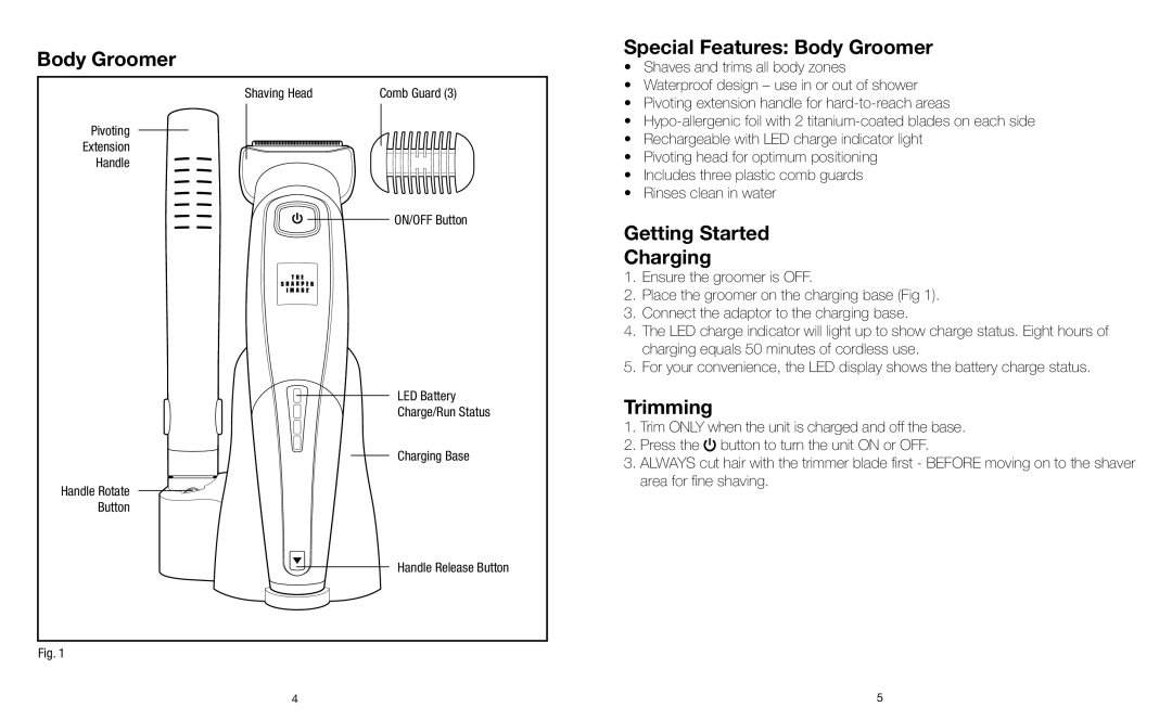 Sharper Image GR-G300 instruction manual Special Features Body Groomer, Getting Started Charging, Trimming 