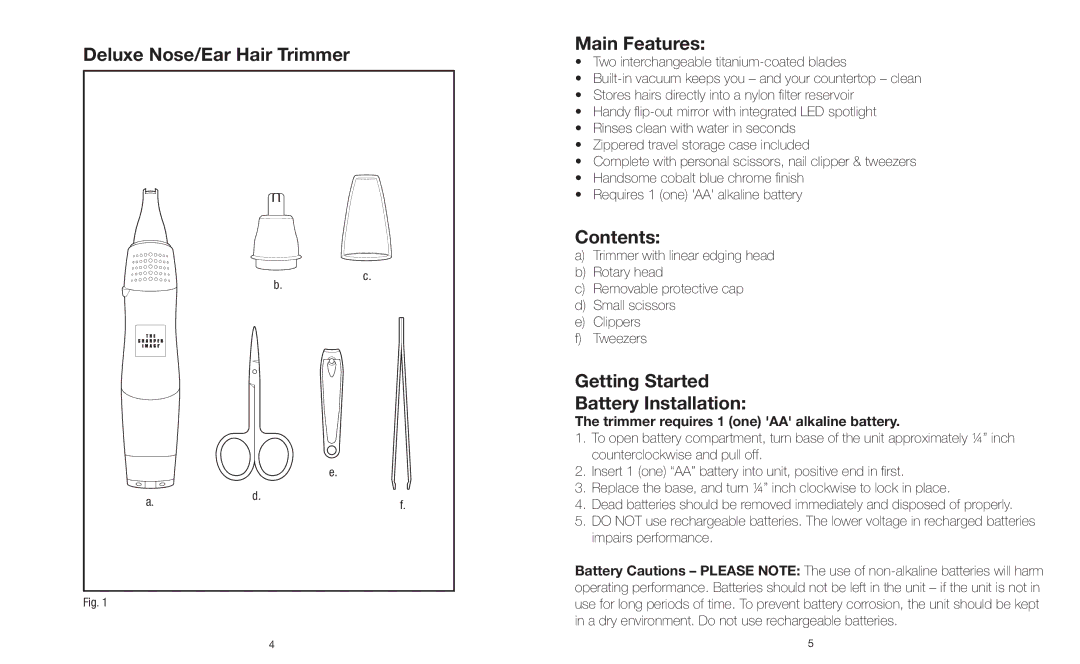 Sharper Image GR-T200 Deluxe Nose/Ear Hair Trimmer Main Features, Contents, Getting Started Battery Installation 