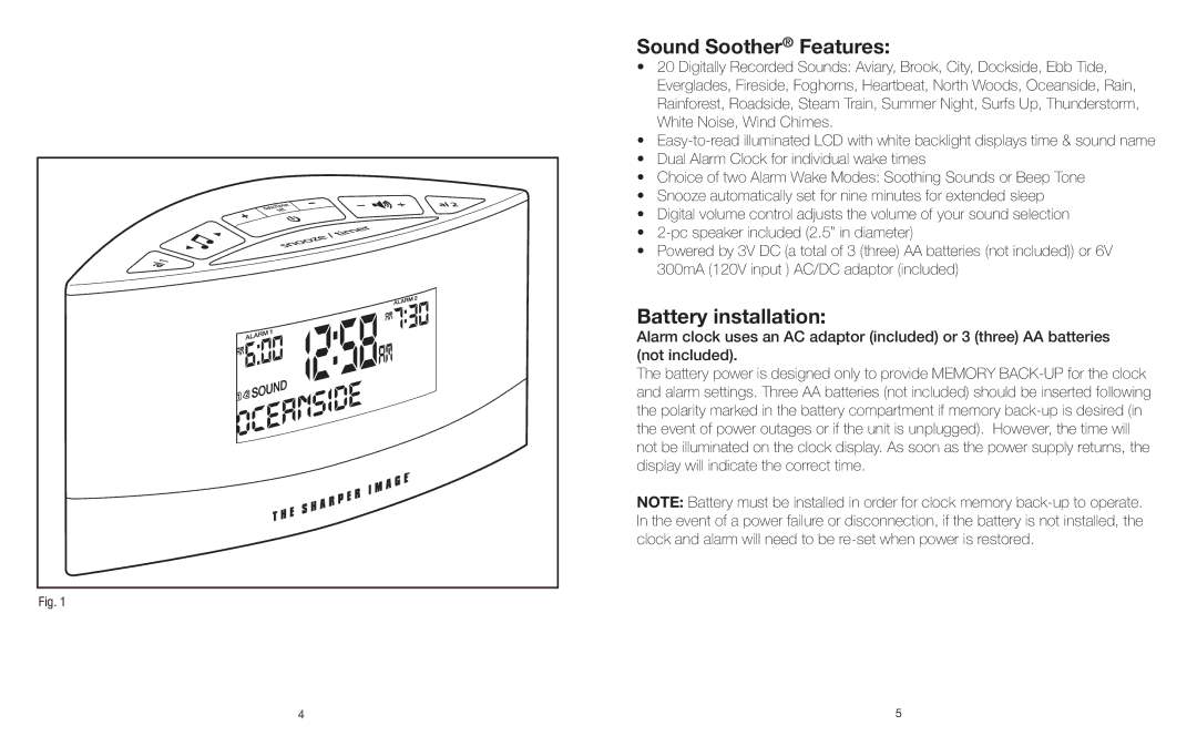 Sharper Image IB-ECB100 instruction manual Sound Soother Features, Battery installation 