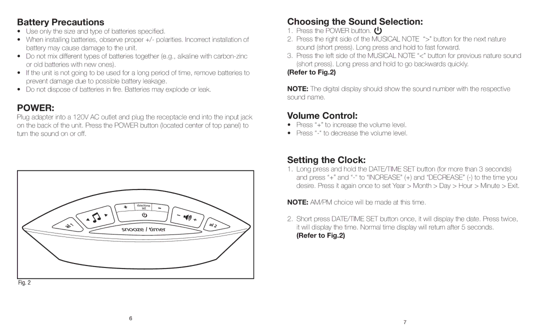 Sharper Image IB-ECB100 Battery Precautions, Choosing the Sound Selection, Volume Control, Setting the Clock, Refer to 