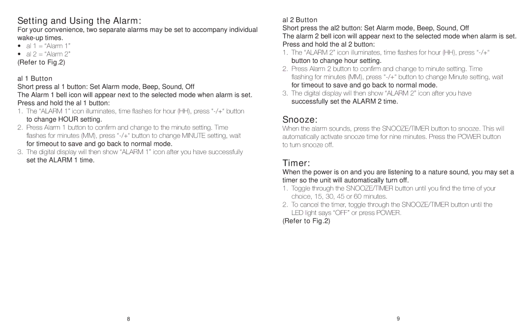 Sharper Image IB-ECB100 instruction manual Setting and Using the Alarm, Snooze, Timer, Refer to Al 1 Button, Al 2 Button 