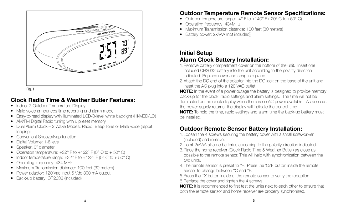 Sharper Image IB-ECB130 Clock Radio Time & Weather Butler Features, Outdoor Temperature Remote Sensor Specifications 