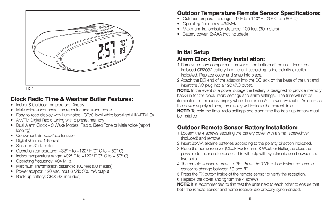 Sharper Image IB-ECB130 Clock Radio Time & Weather Butler Features, Outdoor Temperature Remote Sensor Specifications 