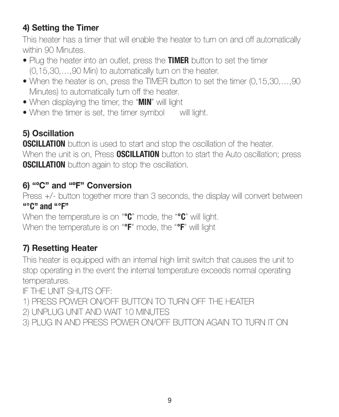 Sharper Image IB-EV-HT20 warranty Setting the Timer, Oscillation, ºC and ºF Conversion, Resetting Heater 