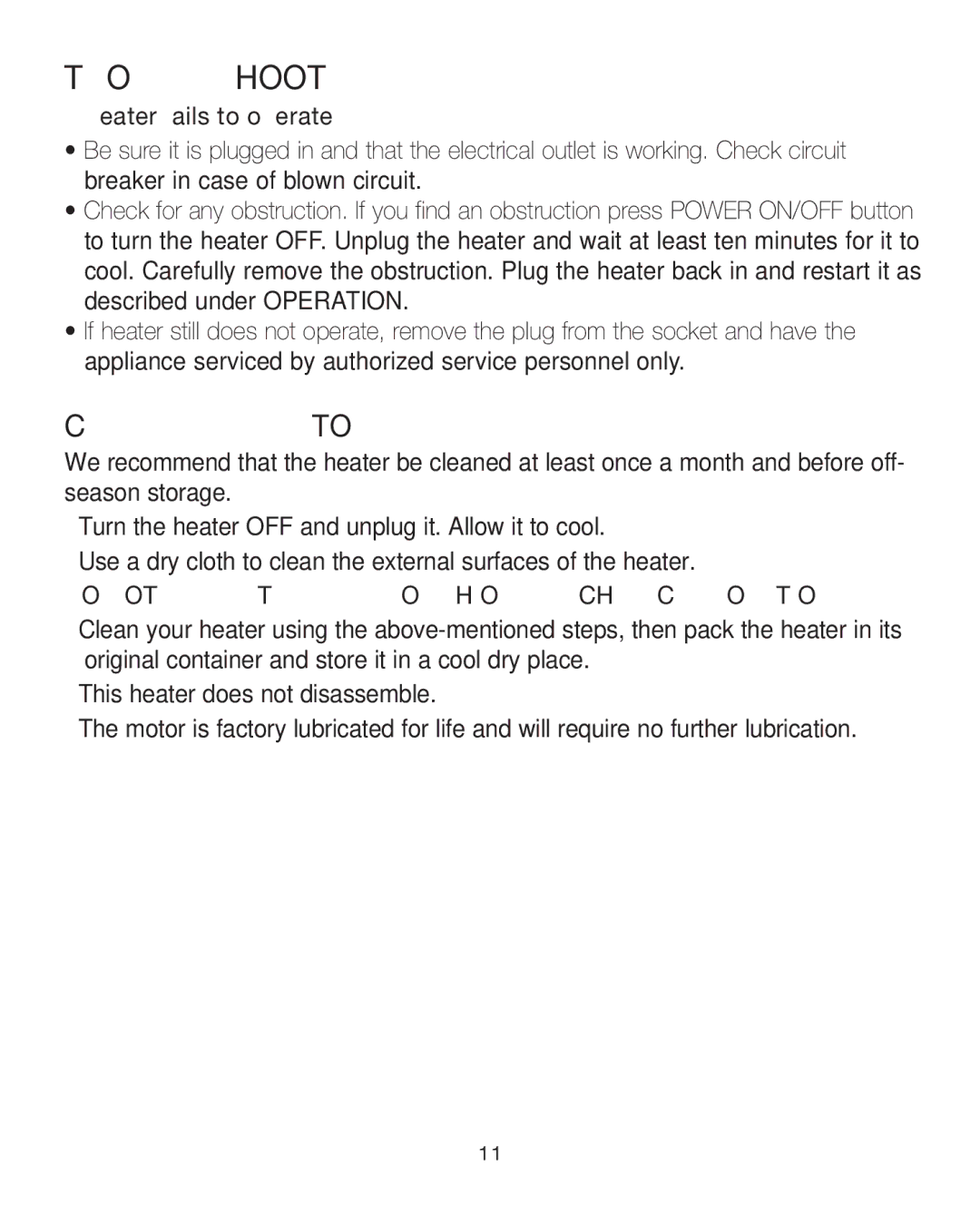 Sharper Image IB-EV-HT20 warranty Troubleshooting, If heater fails to operate 