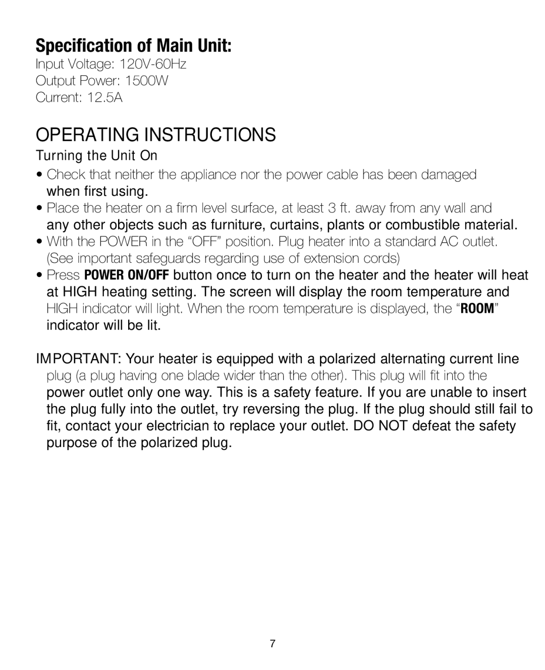 Sharper Image IB-EV-HT20 warranty Operating Instructions, Turning the Unit On 