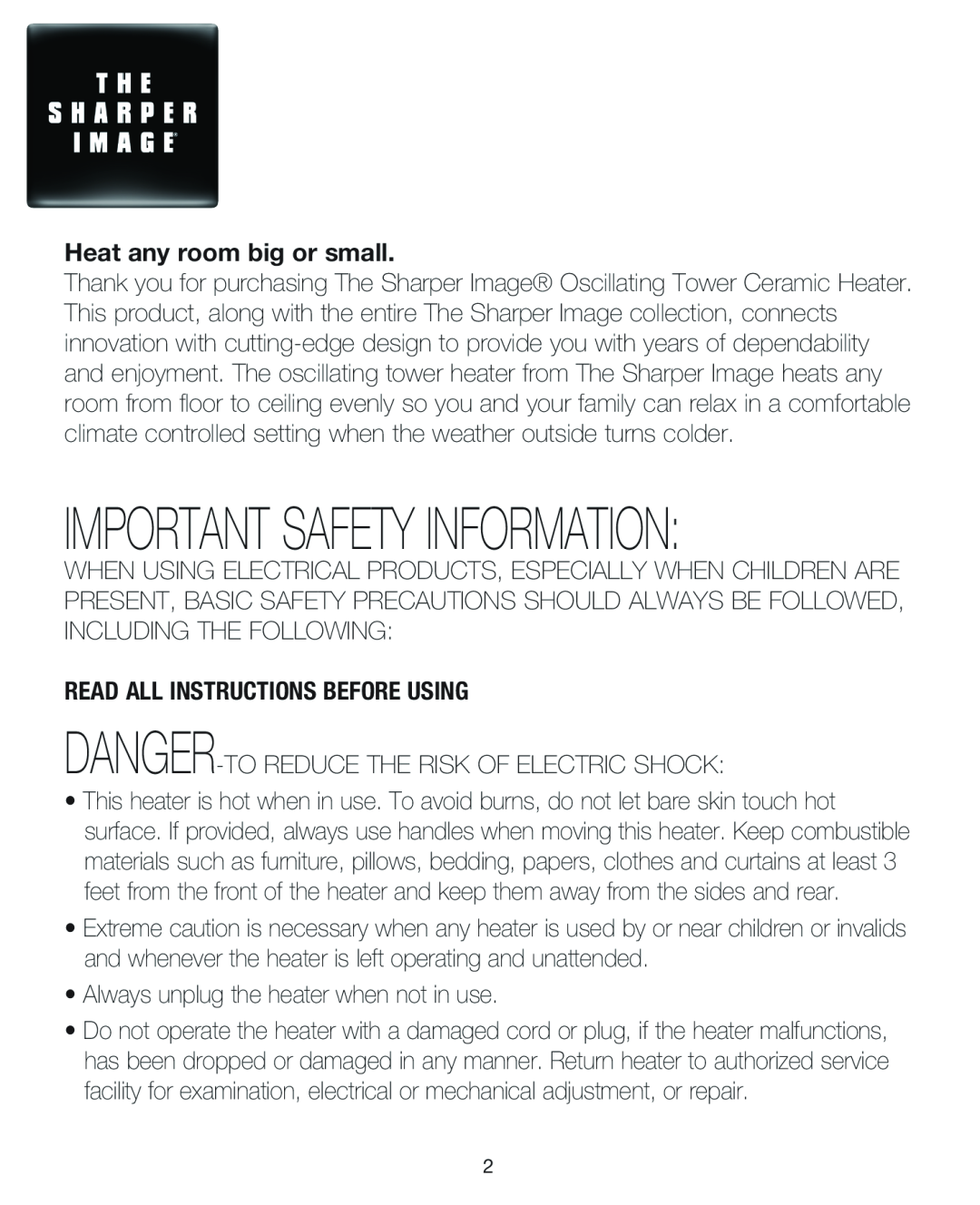 Sharper Image IB-EV-HT20 Important Safety Information, Heat any room big or small, Read All Instructions Before Using 