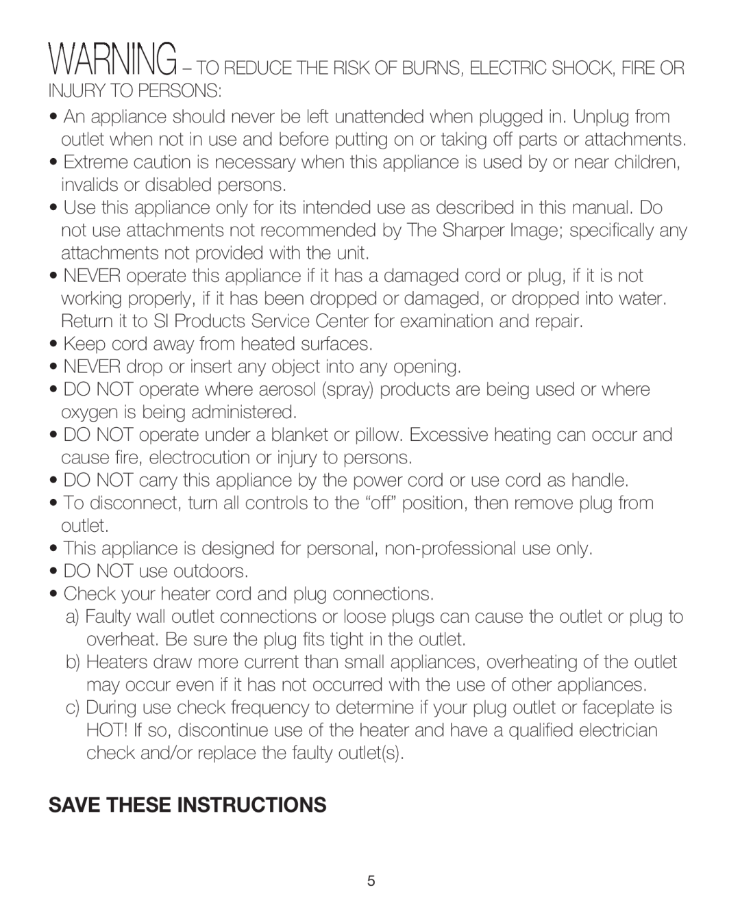 Sharper Image IB-EV-HT20 warranty Save These Instructions 