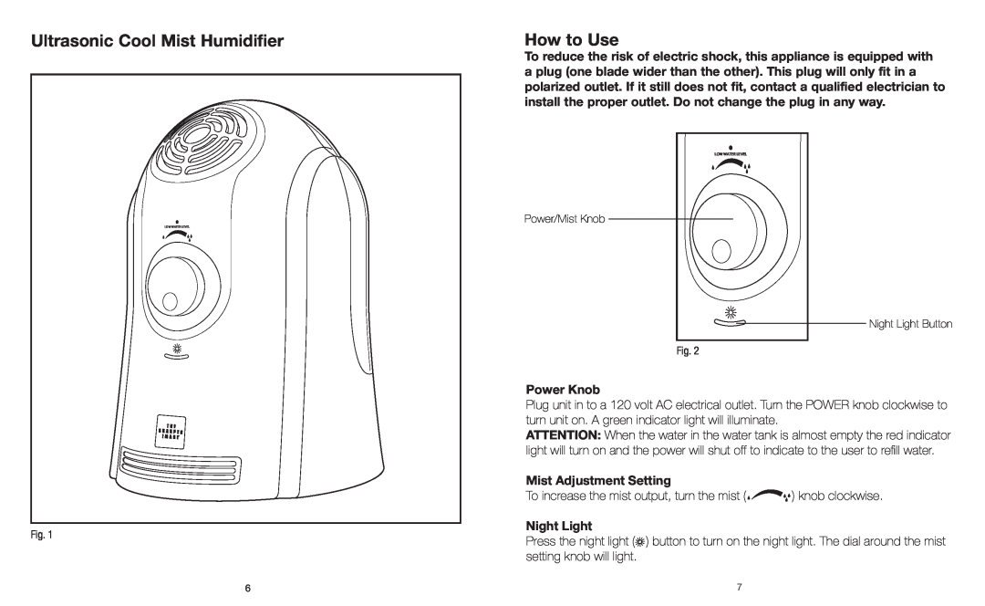 Sharper Image IB-EVHD10 Ultrasonic Cool Mist Humidifier, How to Use, Power Knob, Mist Adjustment Setting, Night Light 