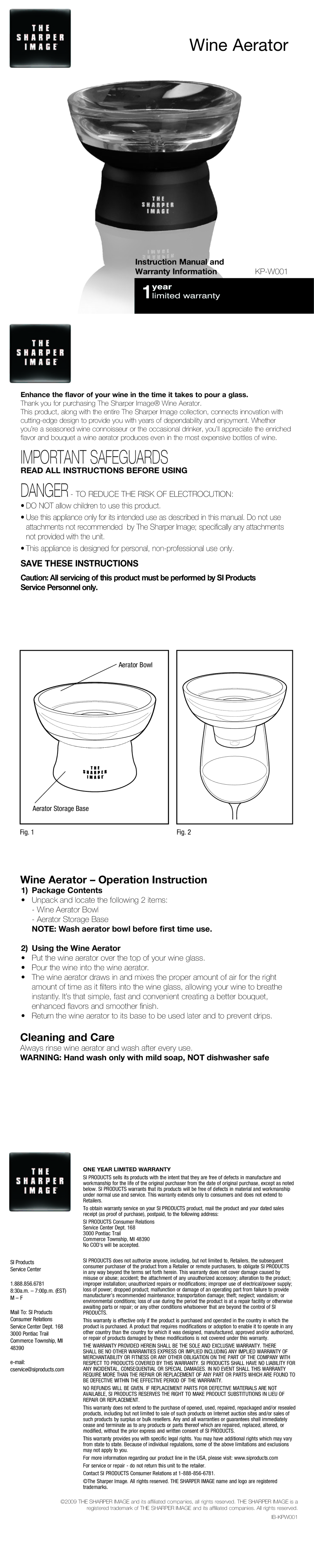 Sharper Image KP-W001 warranty Service Center, 888.856.6781, Mail To SI Products, Consumer Relations, Pontiac Trail 