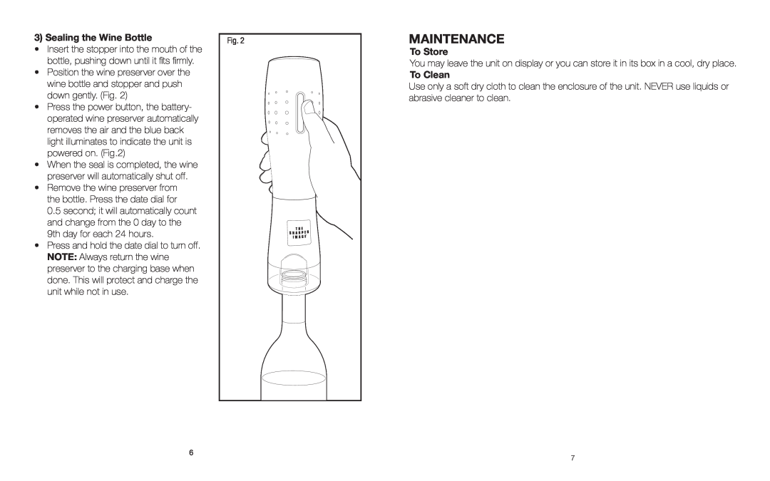 Sharper Image KP-W140 instruction manual Maintenance, Sealing the Wine Bottle, To Store, To Clean 