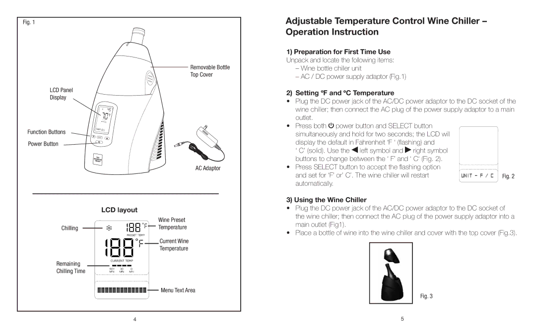 Sharper Image KP-W400 instruction manual LCD layout, Setting ºF and ºC Temperature, Using the Wine Chiller 