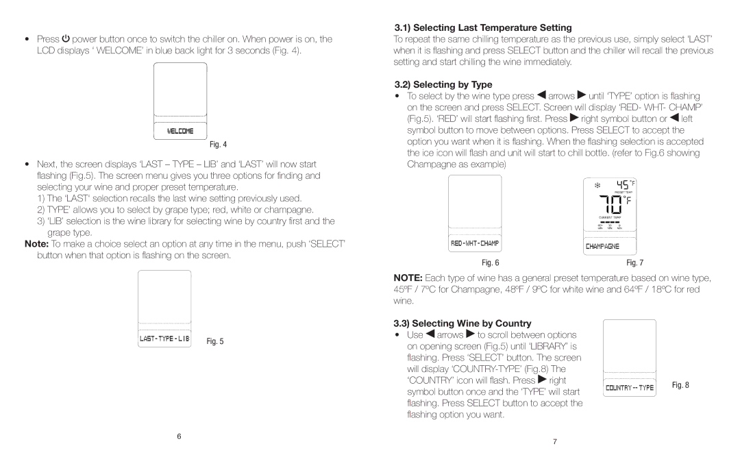 Sharper Image KP-W400 instruction manual Selecting Last Temperature Setting, Selecting by Type, Selecting Wine by Country 