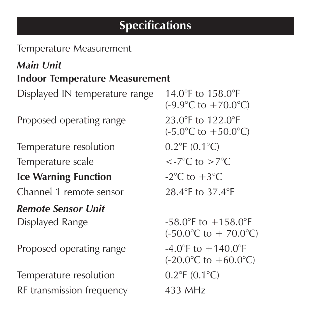 Sharper Image OQ234 manual Specifications, Indoor Temperature Measurement 