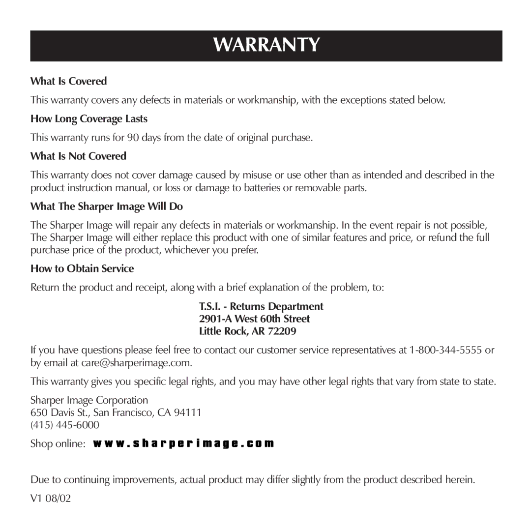 Sharper Image OQ234 manual Warranty 