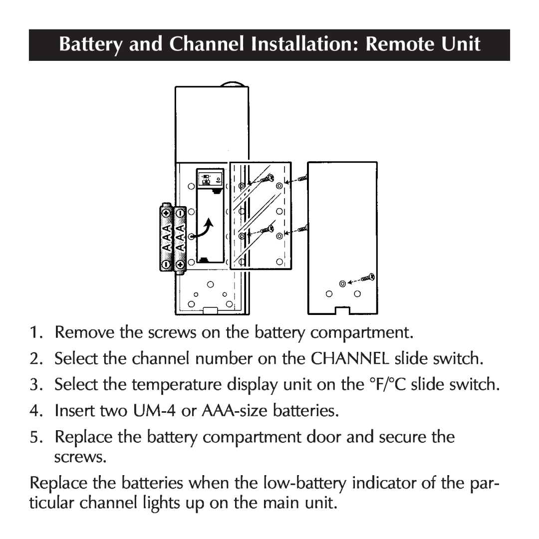 Sharper Image OQ234 manual Battery and Channel Installation Remote Unit 