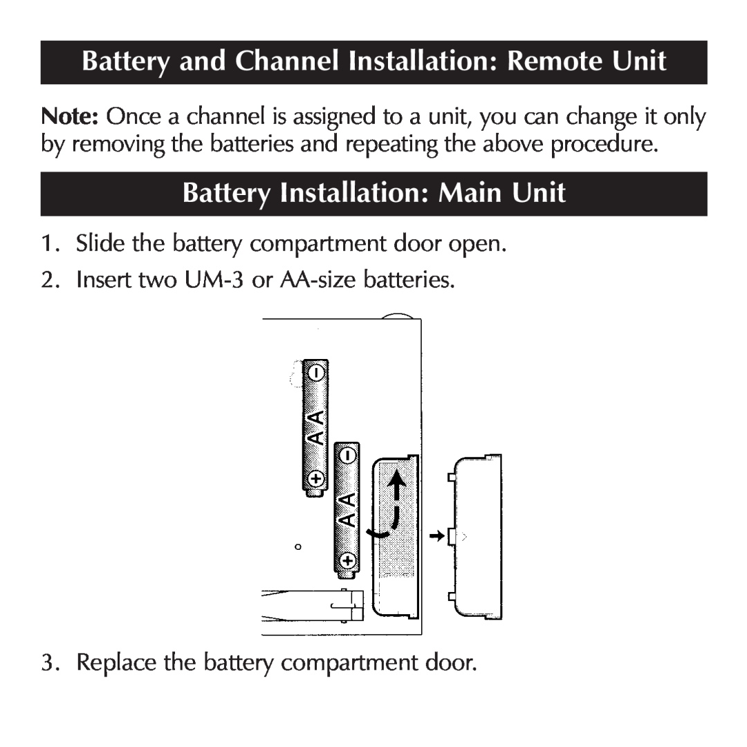 Sharper Image OQ234 manual Battery Installation Main Unit, Battery and Channel Installation Remote Unit 