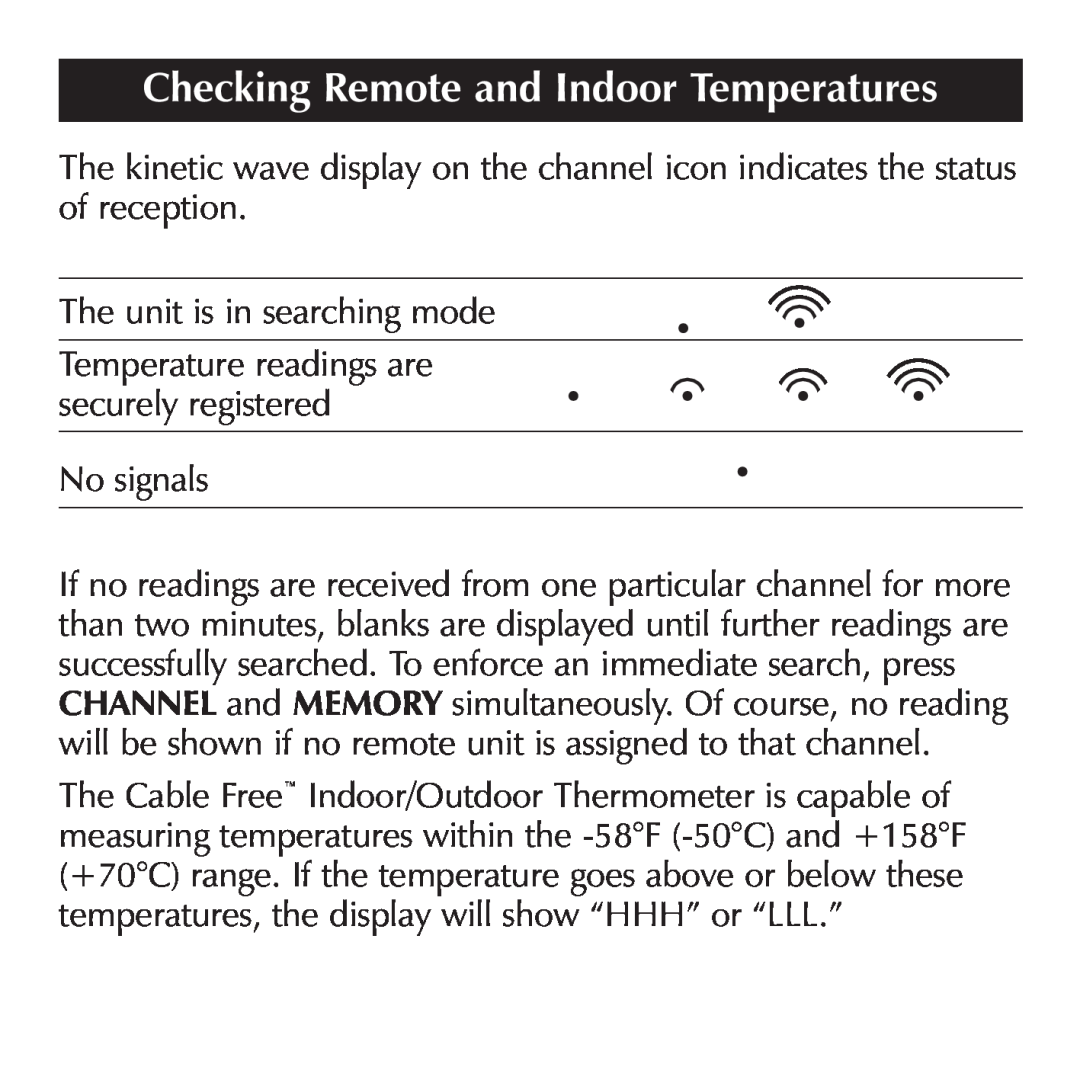 Sharper Image OQ234 manual Checking Remote and Indoor Temperatures, The unit is in searching mode 