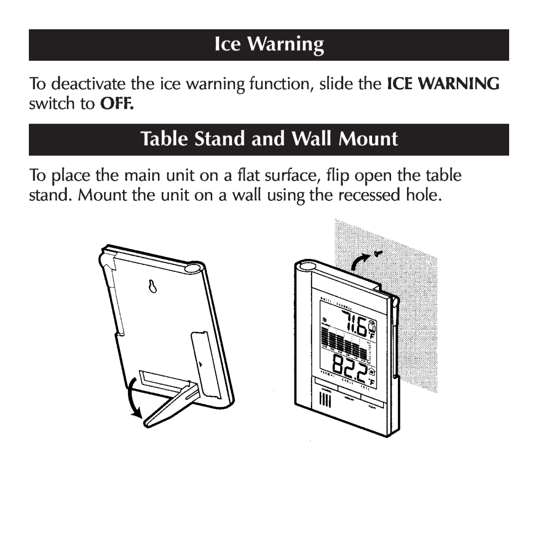Sharper Image OQ234 manual Table Stand and Wall Mount, Ice Warning 