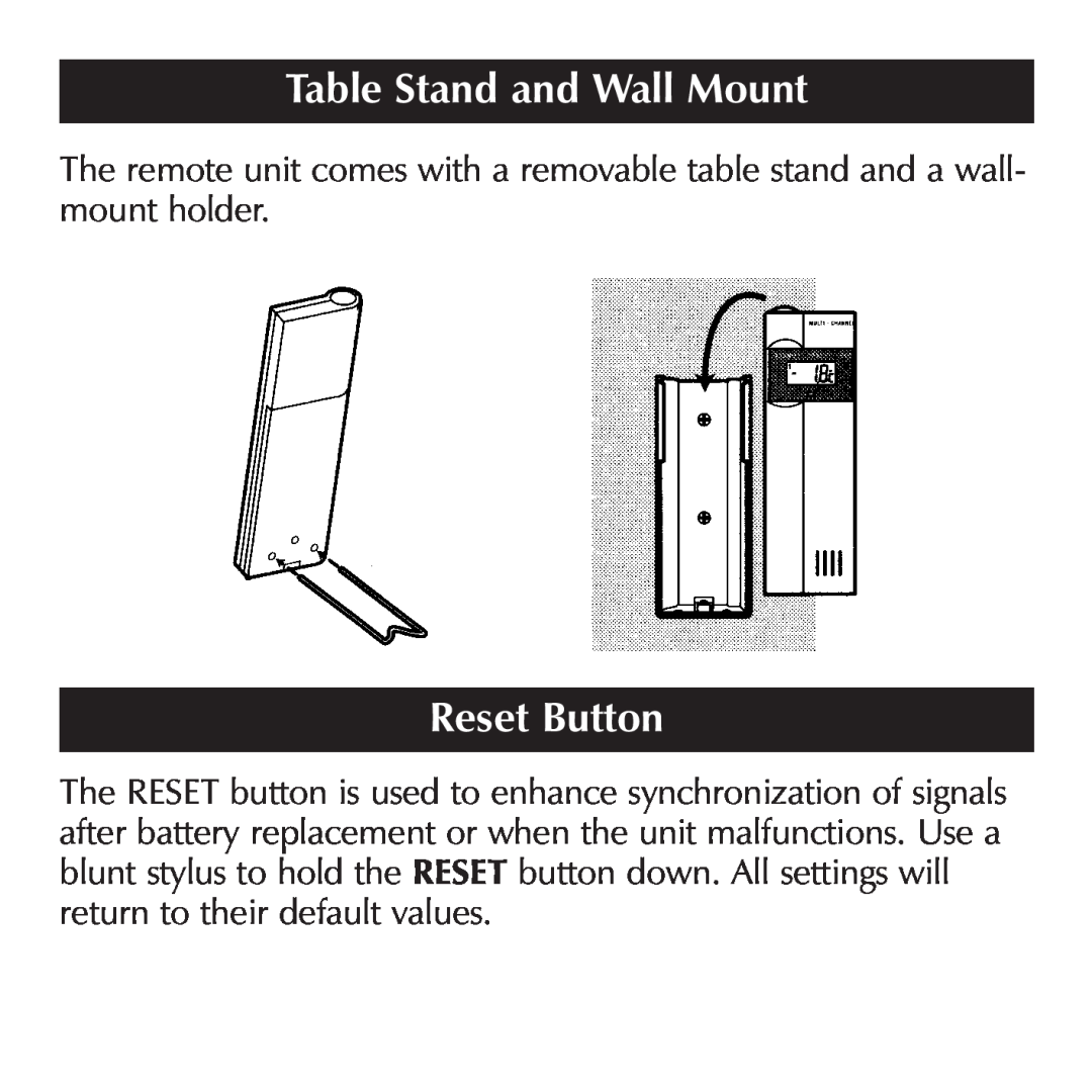 Sharper Image OQ234 manual Reset Button, Table Stand and Wall Mount 