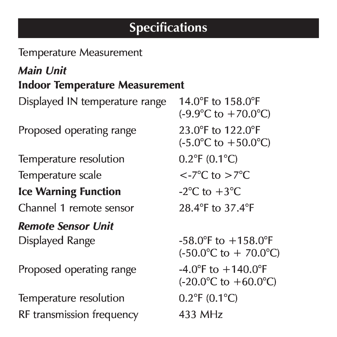 Sharper Image OQ234 Specifications, Indoor Temperature Measurement, Ice Warning Function, Remote Sensor Unit, Main Unit 