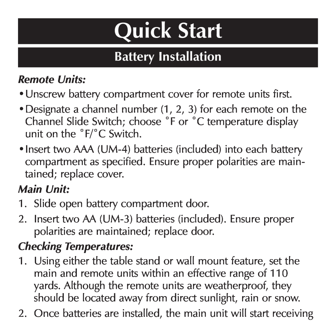 Sharper Image OQ234 manual Quick Start, Battery Installation, Remote Units, Main Unit, Checking Temperatures 