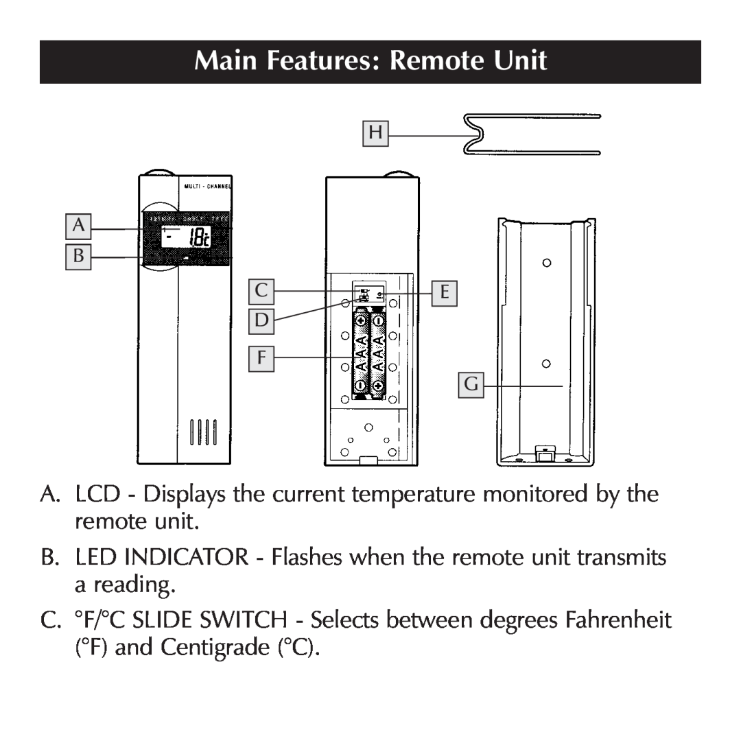Sharper Image OQ234 manual Main Features Remote Unit, A B C D F, H E G 