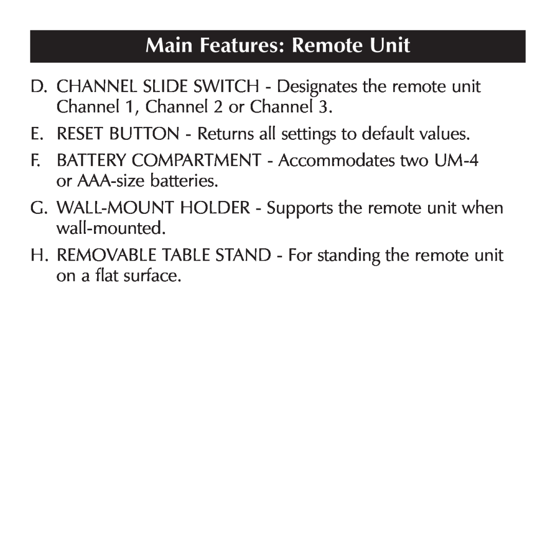 Sharper Image OQ234 manual Main Features Remote Unit 