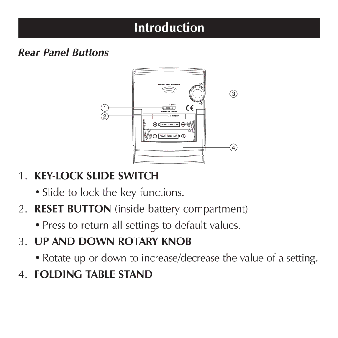 Sharper Image OQ314 manual Rear Panel Buttons, KEY-LOCK Slide Switch 