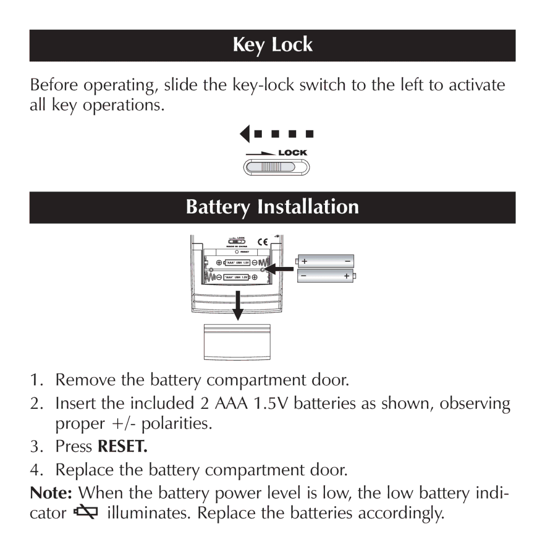 Sharper Image OQ314 manual Key Lock, Battery Installation 