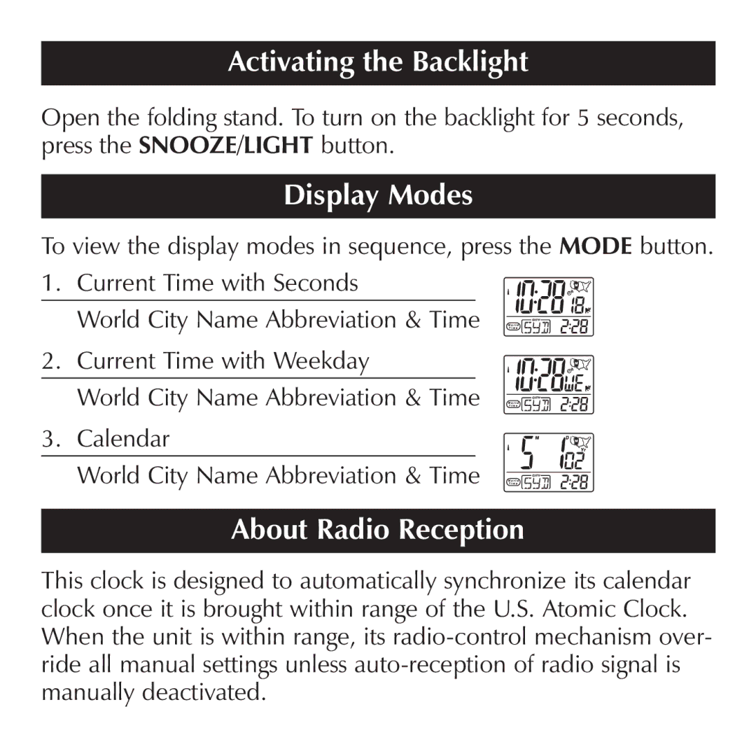 Sharper Image OQ314 manual Activating the Backlight, Display Modes, About Radio Reception 