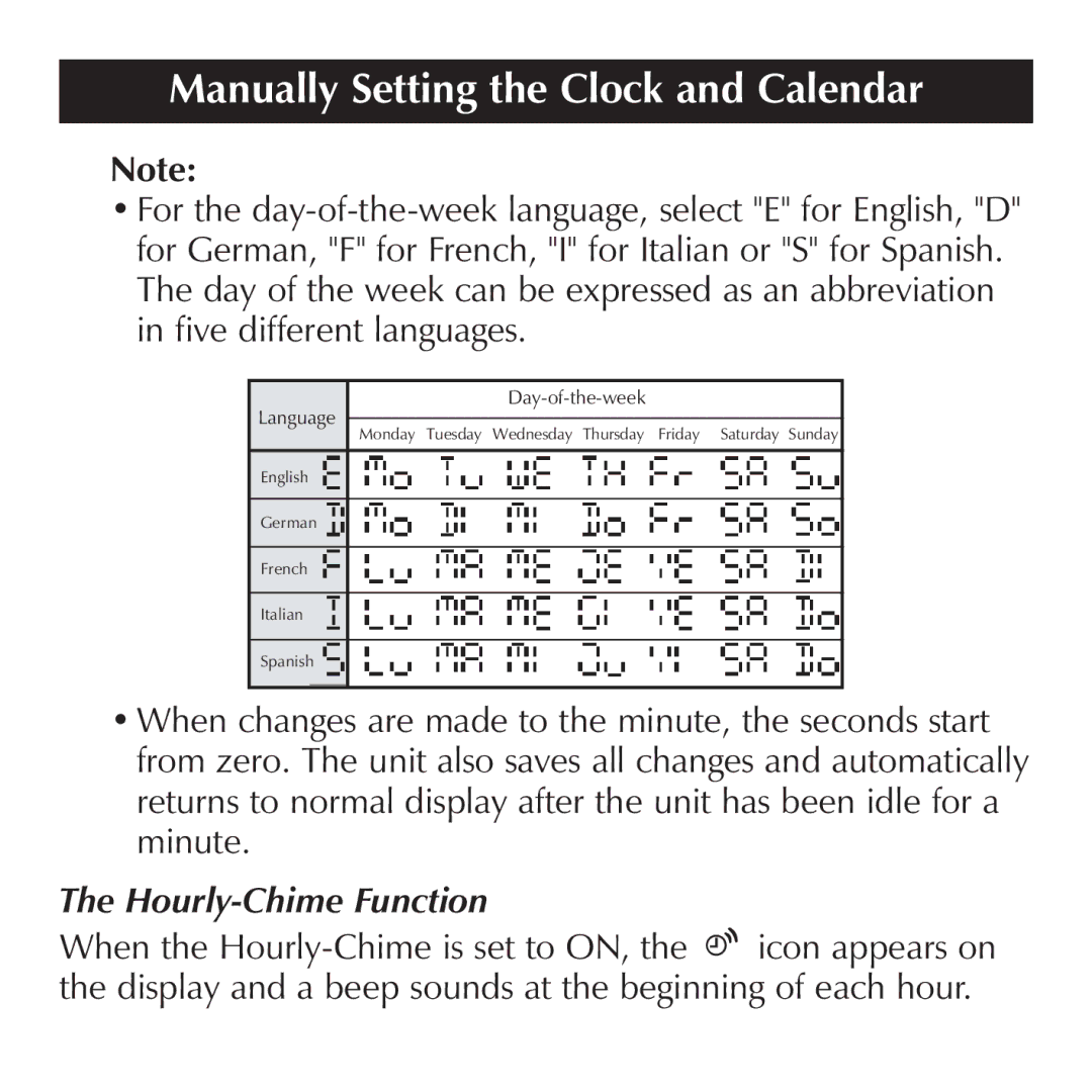 Sharper Image OQ314 manual Hourly-Chime Function, Language Day-of-the-week 