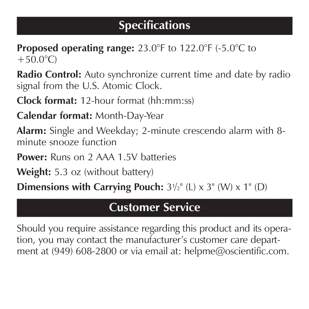 Sharper Image OQ314 manual Specifications, Customer Service 