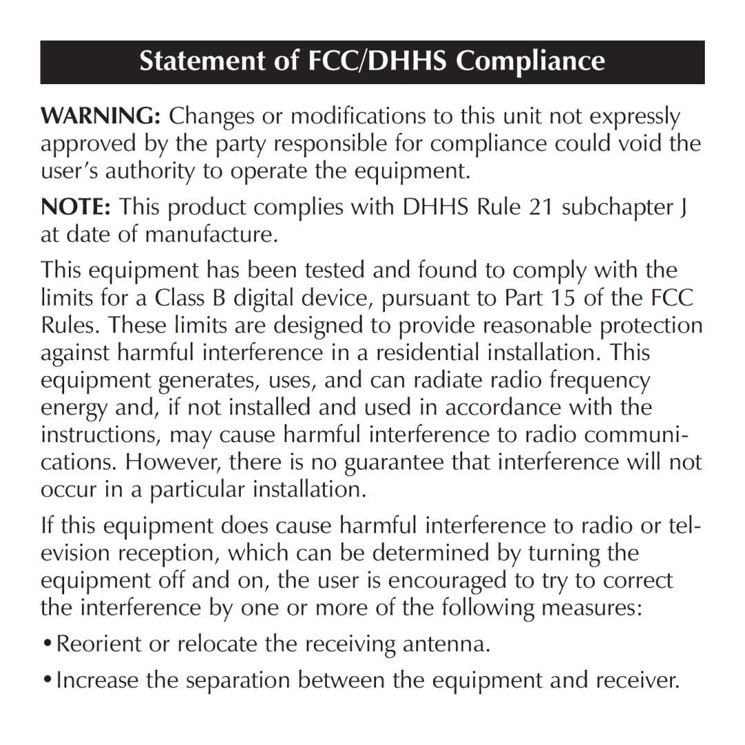 Sharper Image OQ314 manual Statement of FCC/DHHS Compliance 