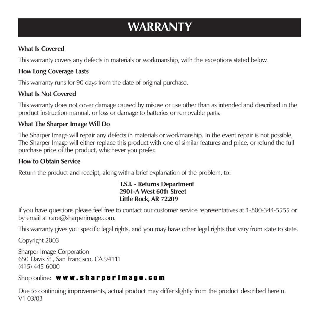 Sharper Image OQ314 manual Warranty 