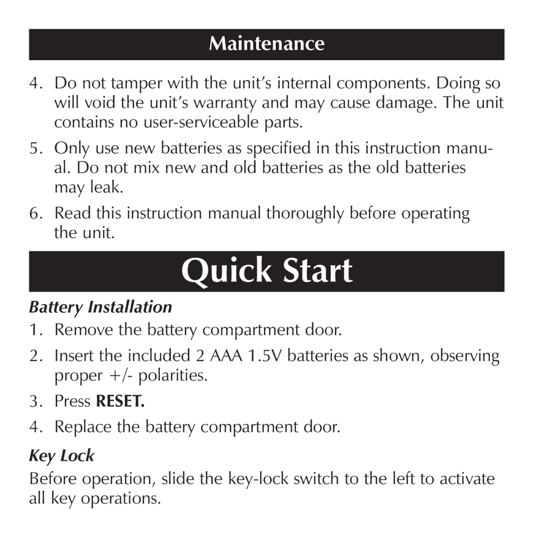 Sharper Image OQ314 manual Battery Installation, Key Lock 