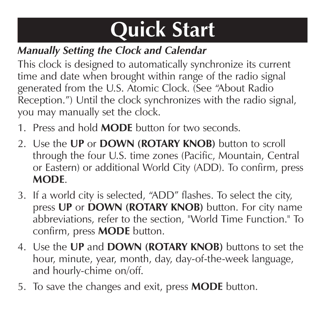 Sharper Image OQ314 manual Manually Setting the Clock and Calendar 