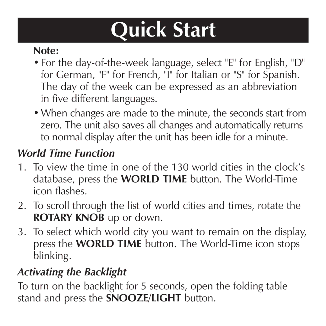 Sharper Image OQ314 manual World Time Function, Activating the Backlight 