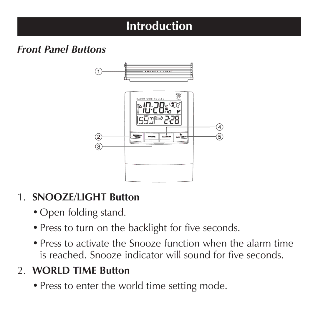 Sharper Image OQ314 manual Front Panel Buttons, SNOOZE/LIGHT Button 