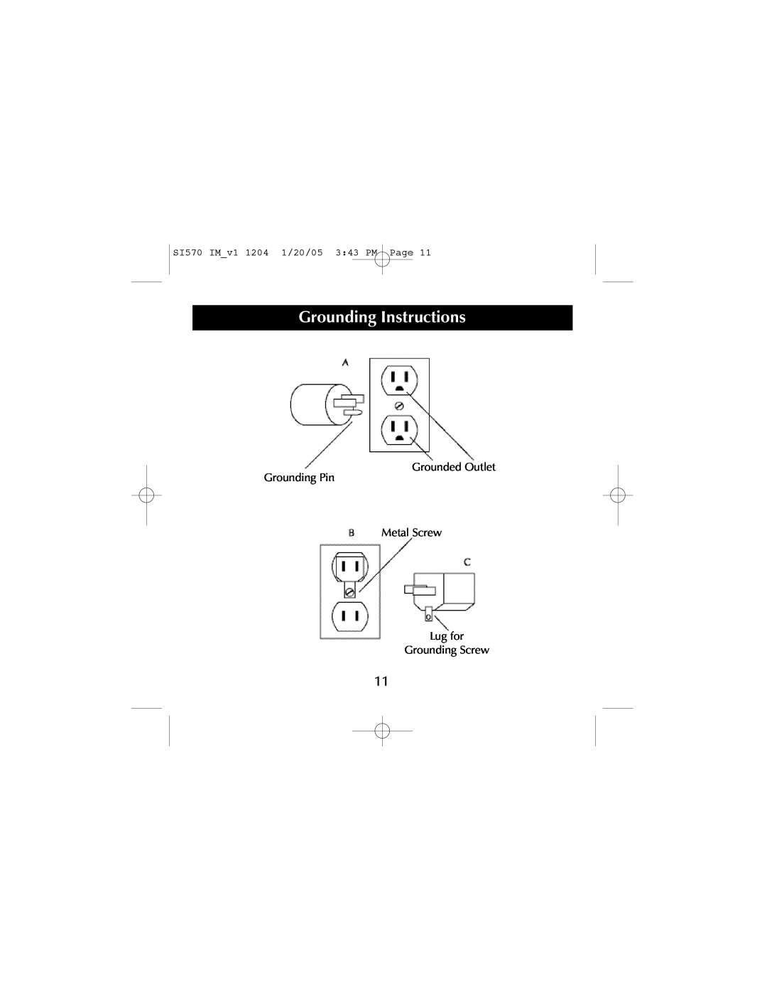 Sharper Image S1570 manual Grounding Instructions, Grounded Outlet Grounding Pin Metal Screw Lug for, Grounding Screw, Page 