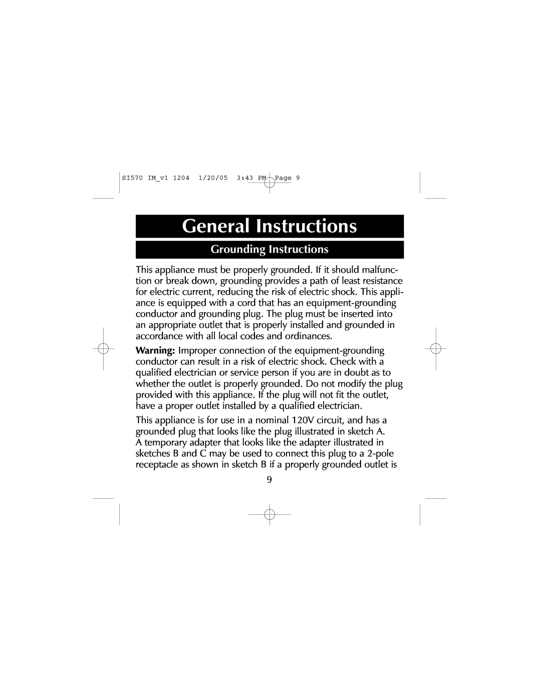 Sharper Image S1570 manual General Instructions, Grounding Instructions 