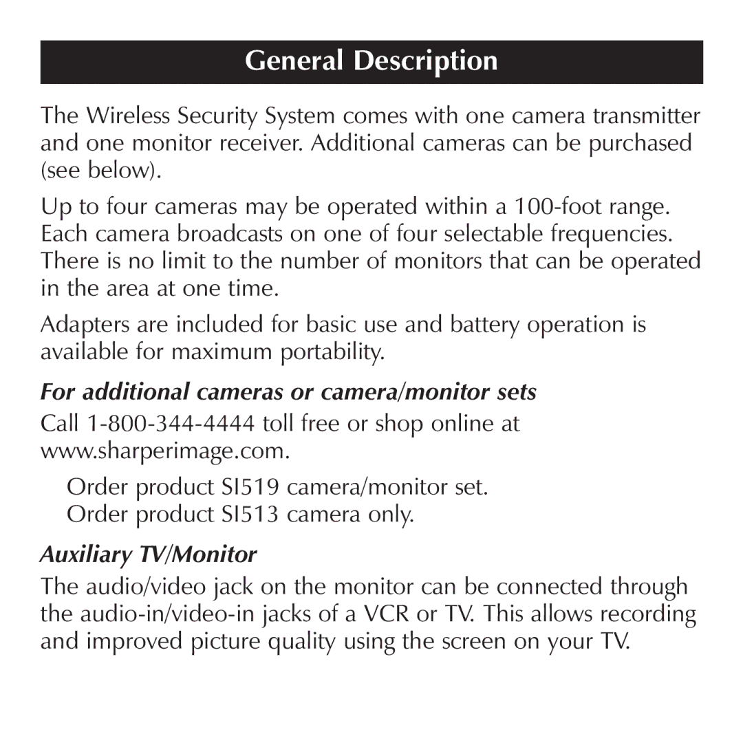 Sharper Image SI513, SI519 manual General Description, For additional cameras or camera/monitor sets 