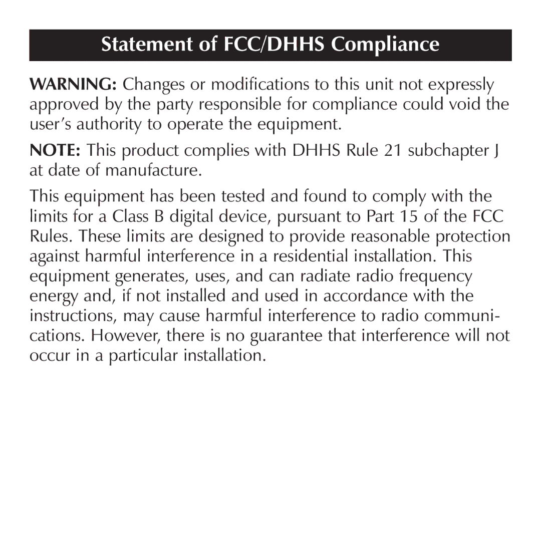 Sharper Image SI513, SI519 manual Statement of FCC/DHHS Compliance 